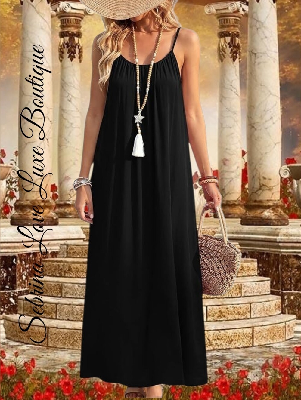 Romantic Flowy Black Adjustable Open-Back Maxi
